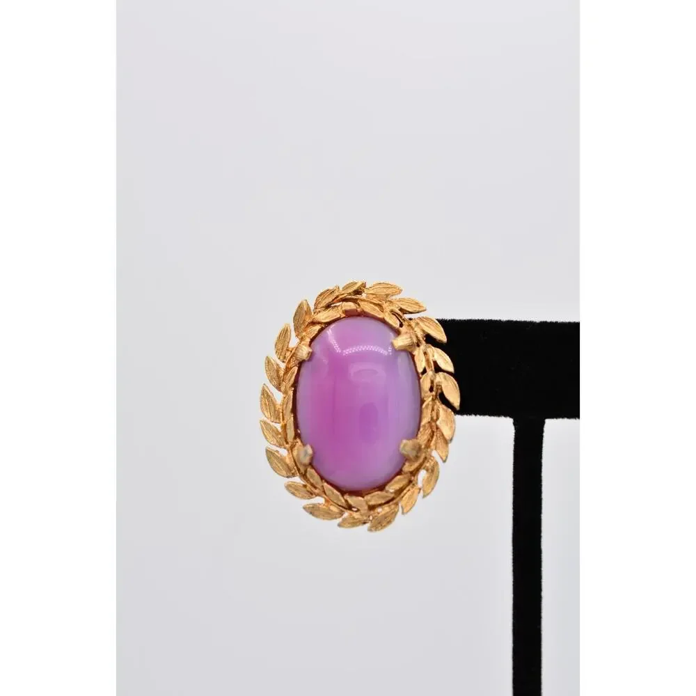 Judy Lee Vintage Cabochon Clip On Earrings Pink Gold Chunky Signed 1980s BinAZ